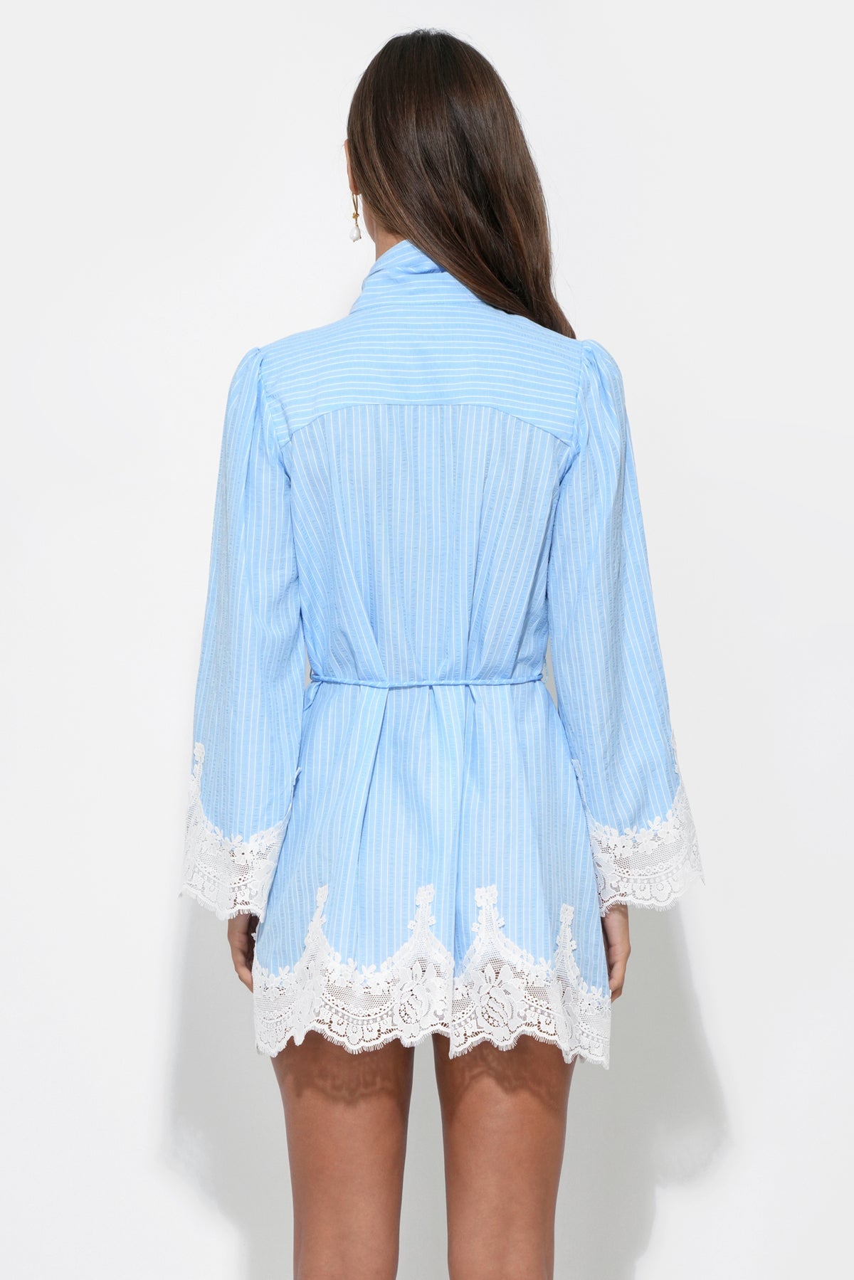 LIGHT BLUE/WHITE Victoria Tie-Neck Striped Lace Trim Mini Dress