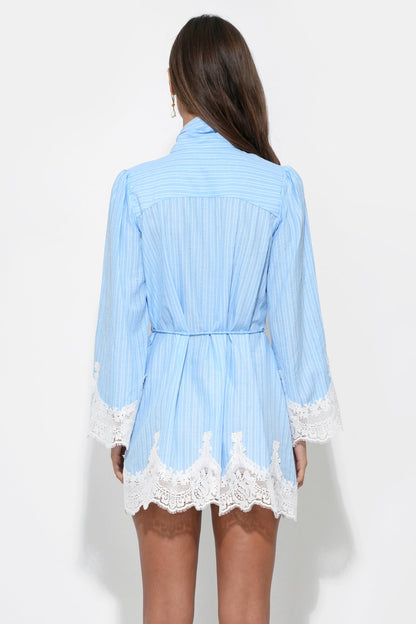LIGHT BLUE/WHITE Victoria Tie-Neck Striped Lace Trim Mini Dress