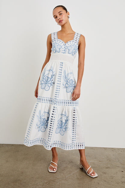 WHITE BLUE EMBROIDERY Fawn Island Green Silk Slip Dress