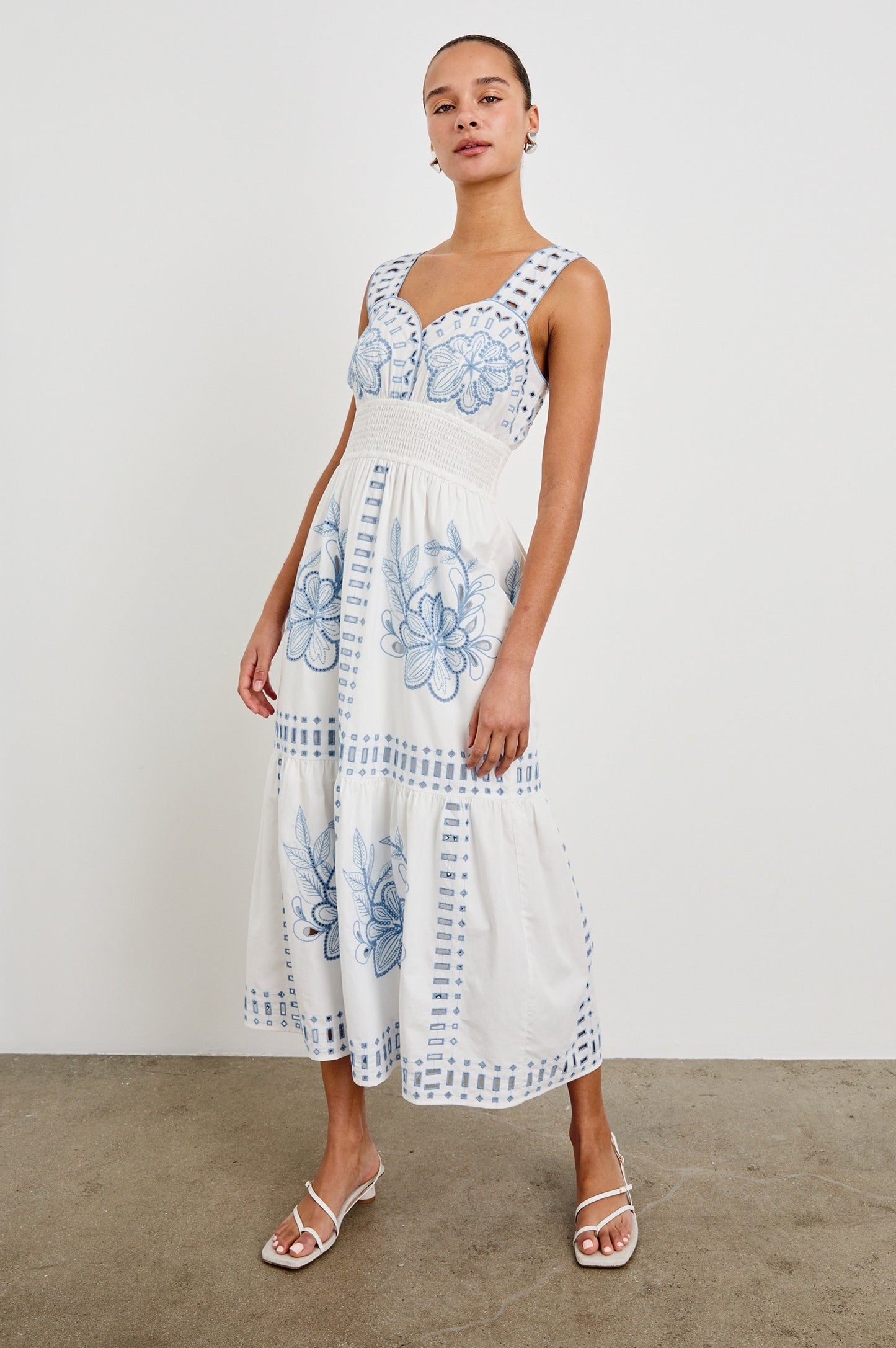 WHITE BLUE EMBROIDERY Fawn Island Green Silk Slip Dress