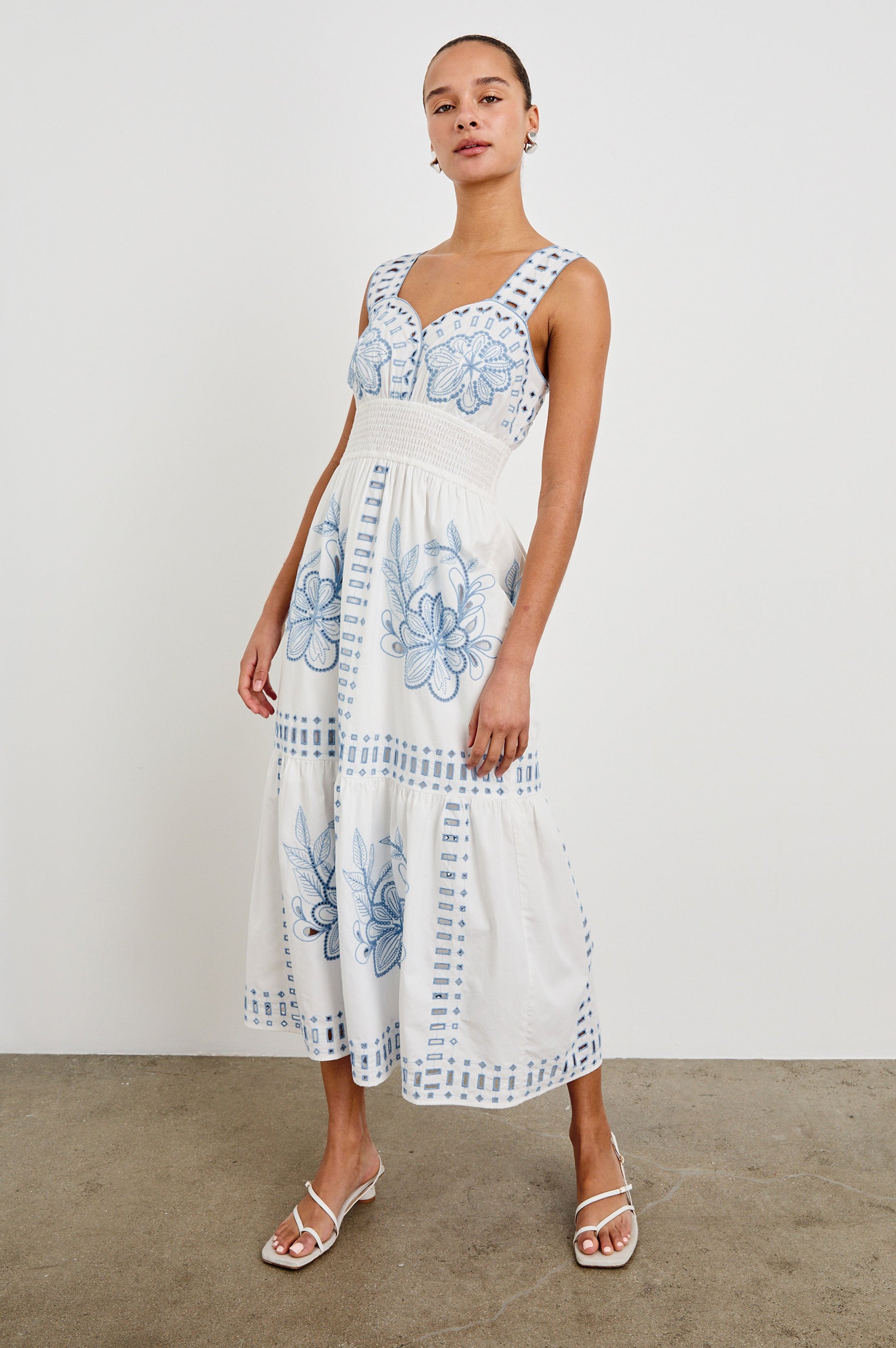 WHITE BLUE EMBROIDERY Fawn Island Green Silk Slip Dress