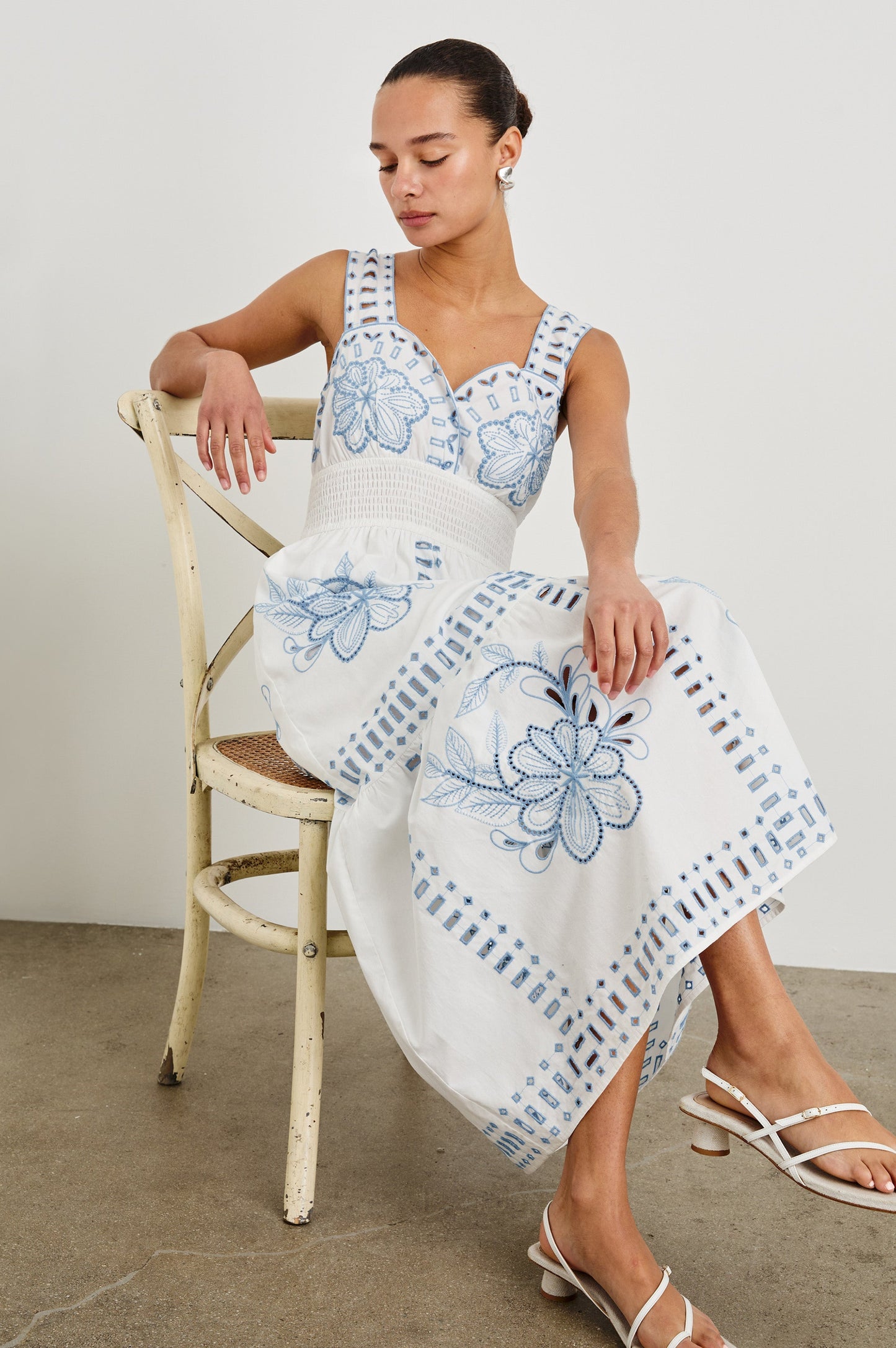 WHITE BLUE EMBROIDERY Fawn Island Green Silk Slip Dress