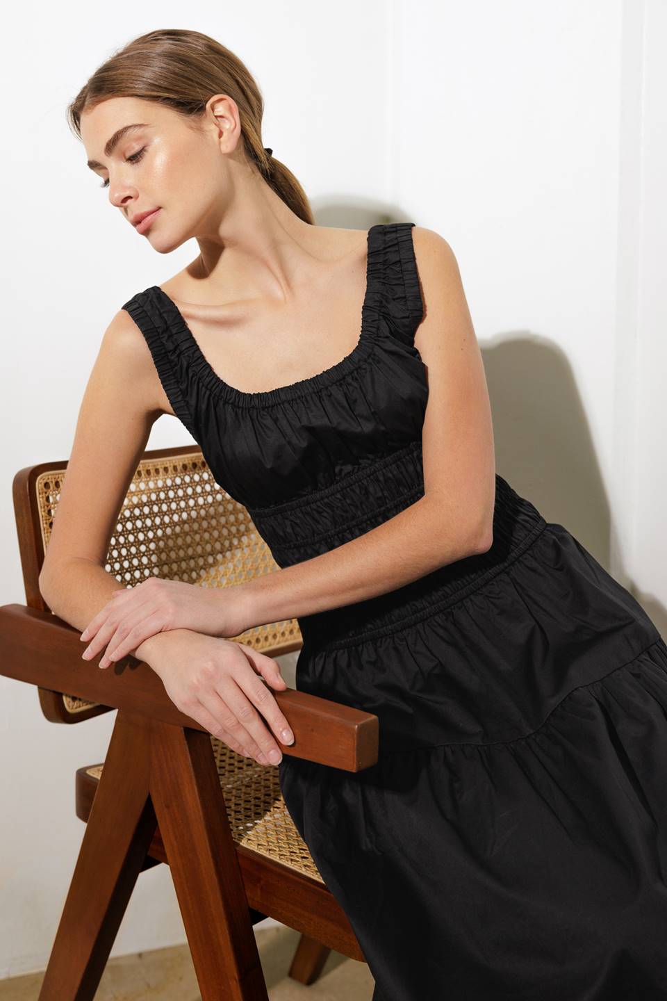 BLACK Adelaide Woven Midi Dress in Black