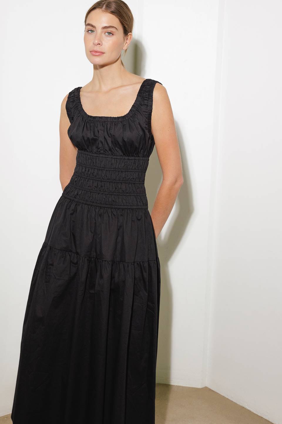 BLACK Adelaide Woven Midi Dress in Black