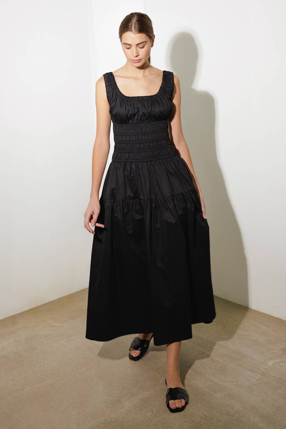 BLACK Adelaide Woven Midi Dress in Black