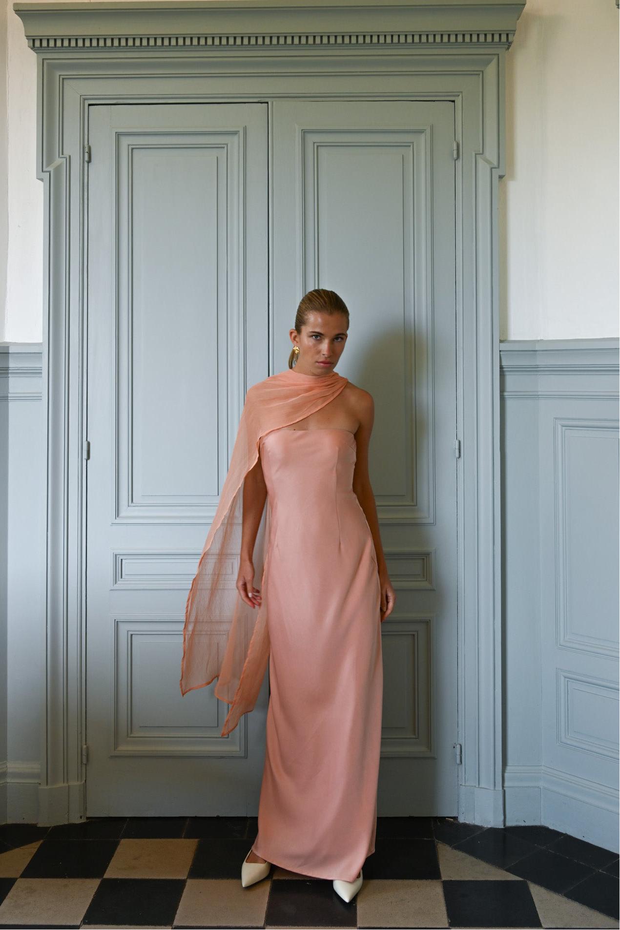 Peach Vittoria Cape Dress in Peach