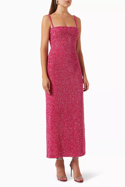 FUCHSIA Lucienne Crepe Midi Dress in Hot Orange