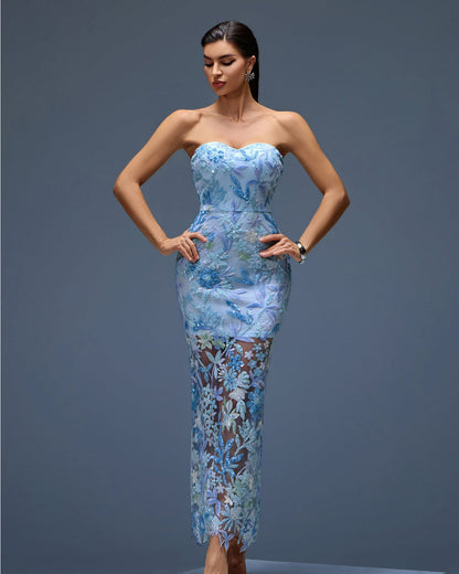 Light Blue Dahlia Sequin Maxi Dress in Red