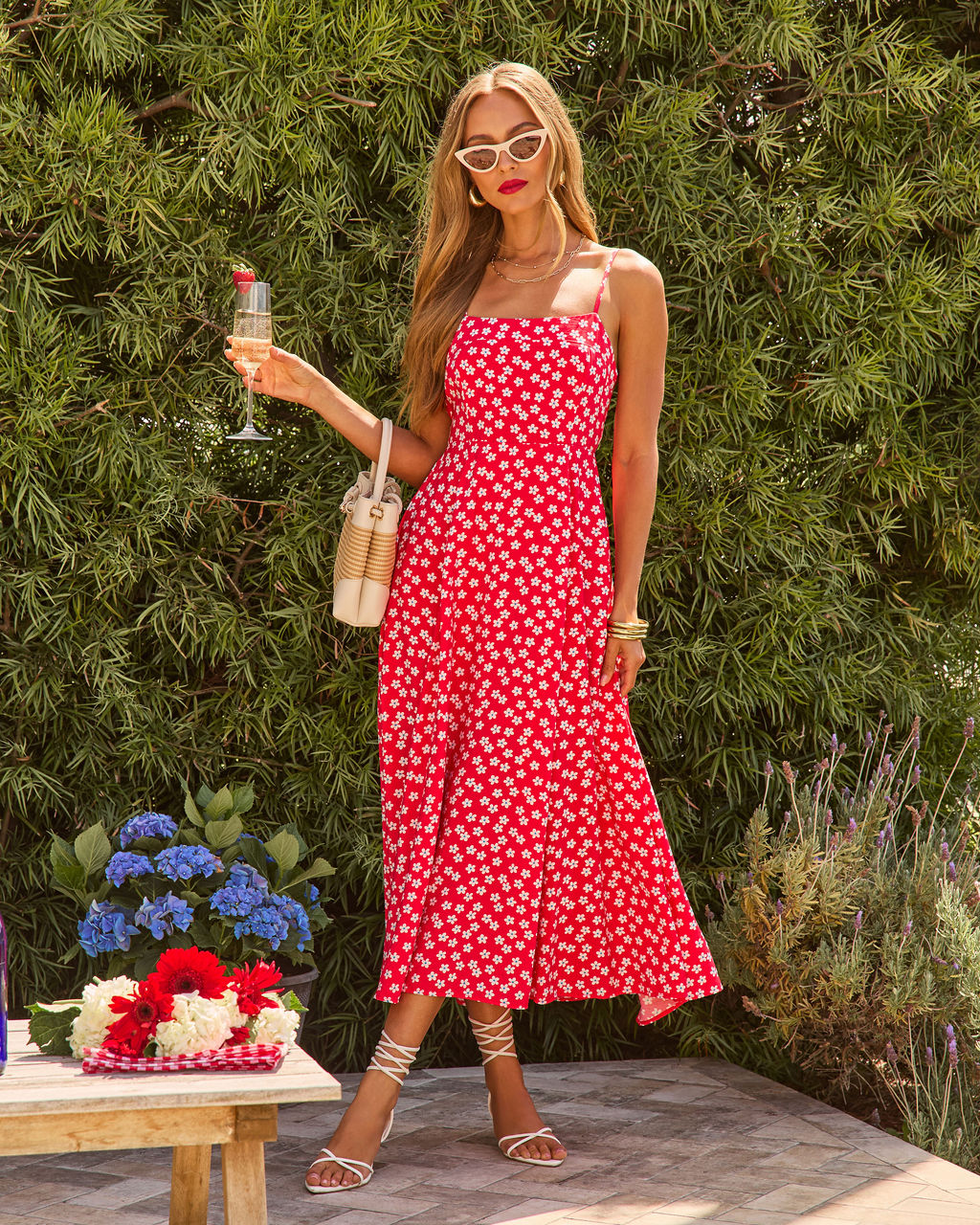 Red Multi Rosalind Floral Rayon Midi Dress