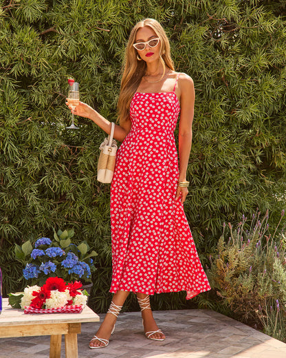 Red Multi Rosalind Floral Rayon Midi Dress