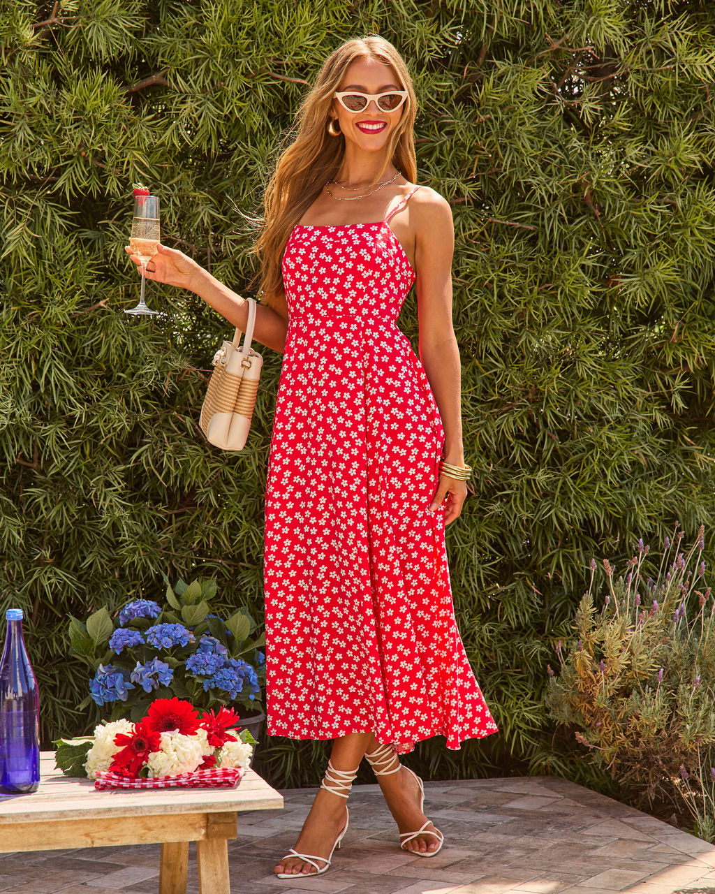 Red Multi Rosalind Floral Rayon Midi Dress