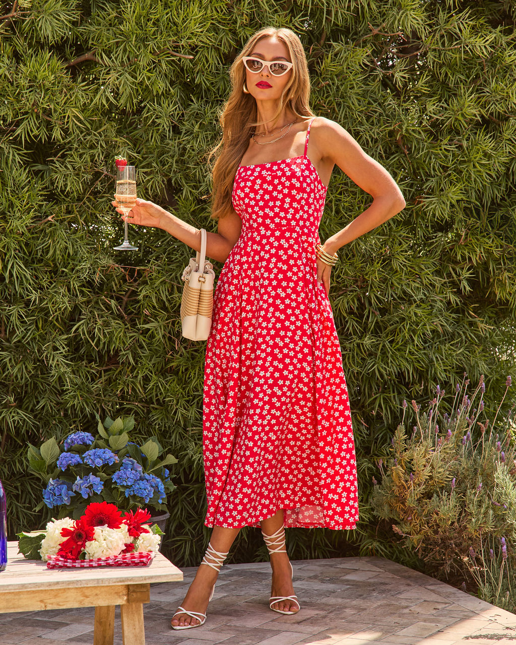 Red Multi Rosalind Floral Rayon Midi Dress