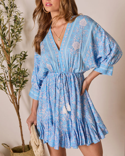 Blue Multi Athena Floral Tassel Tie Mini Dress
