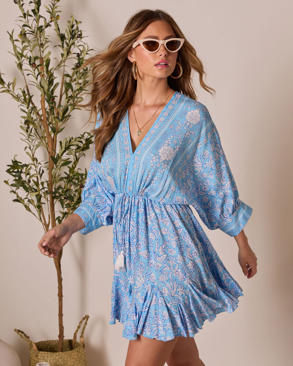 Blue Multi Athena Floral Tassel Tie Mini Dress