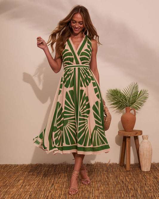 Green Arabella Palm Print Midi Dress