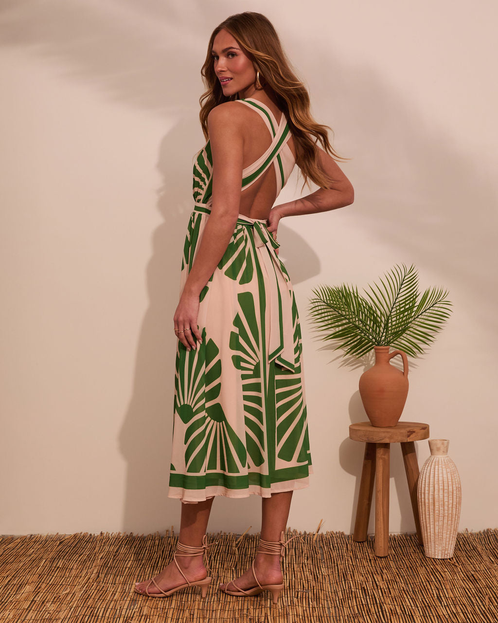 Green Arabella Palm Print Midi Dress