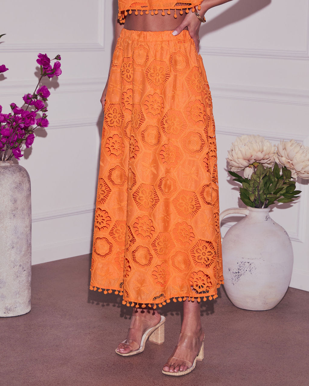 Orange Arabella Embroidered Maxi Skirt in Burnt Orange