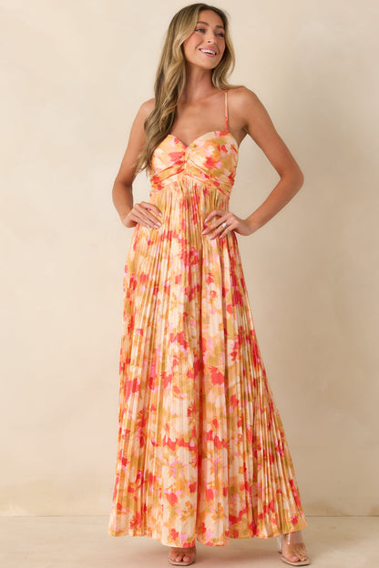 Sunshine Peach & Red Multi Satin Finish Pleated Maxi Dress Aurelia Painted Satin Pleated Maxi Dress