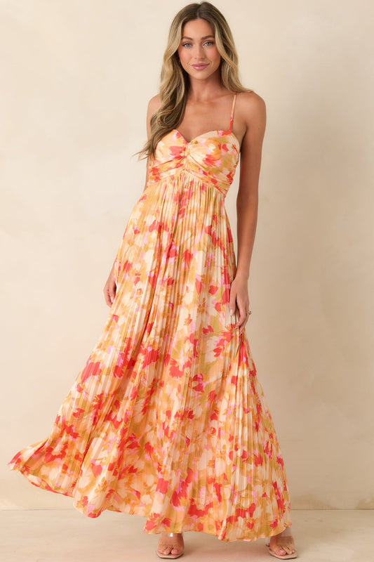 Sunshine Peach & Red Multi Satin Finish Pleated Maxi Dress Aurelia Painted Satin Pleated Maxi Dress