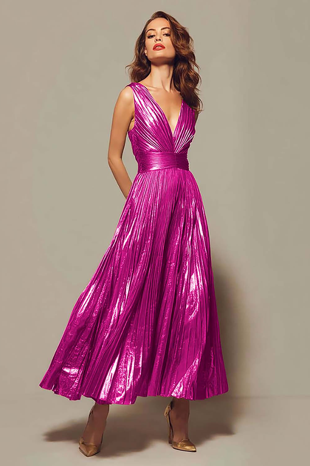 Brown Aurelia Metallic Pleated Formal Gown