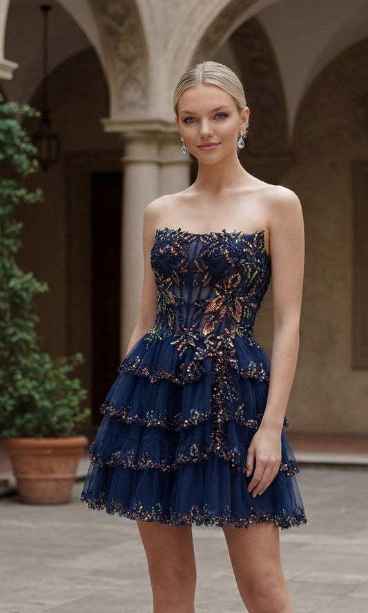 Navy Blue Margot Ruffle Strapless Mini Dress in Periwinkle