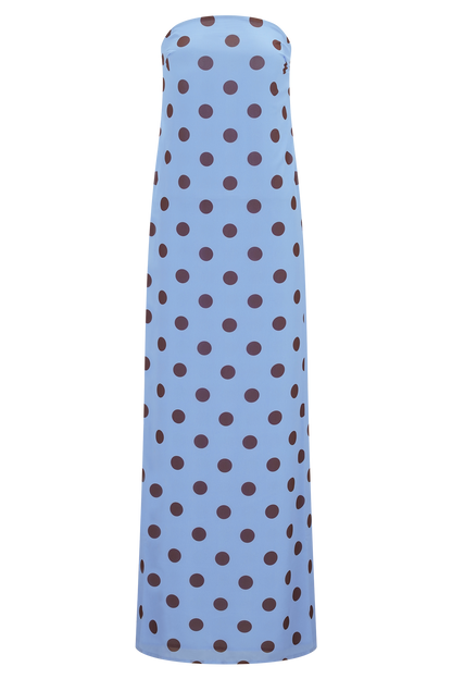 Blue Polka Dot Amaya Strapless Chiffon Maxi Dress
