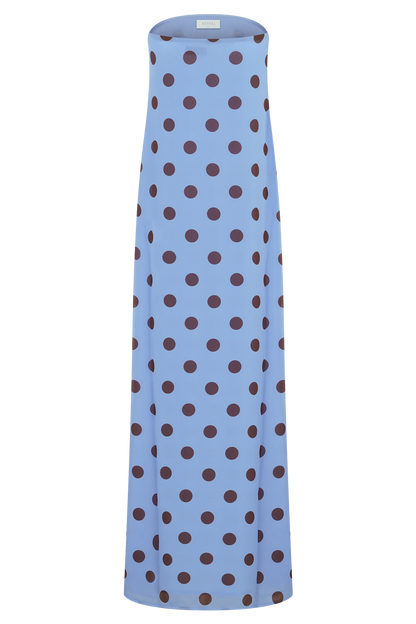 Blue Polka Dot Amaya Strapless Chiffon Maxi Dress