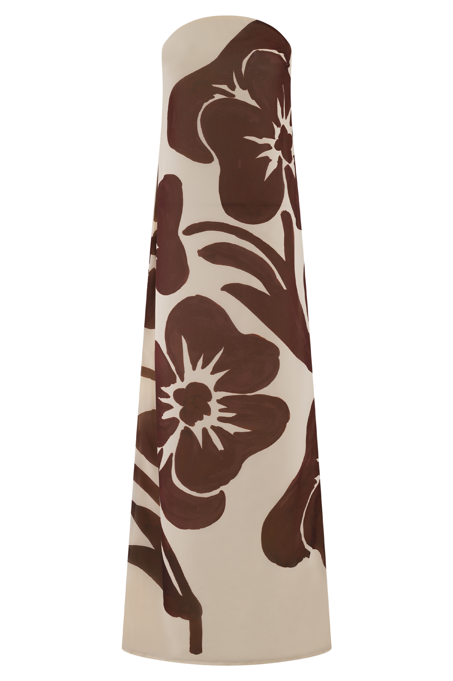 Brown Deco Fleur Print Amaya Strapless Chiffon Maxi Dress