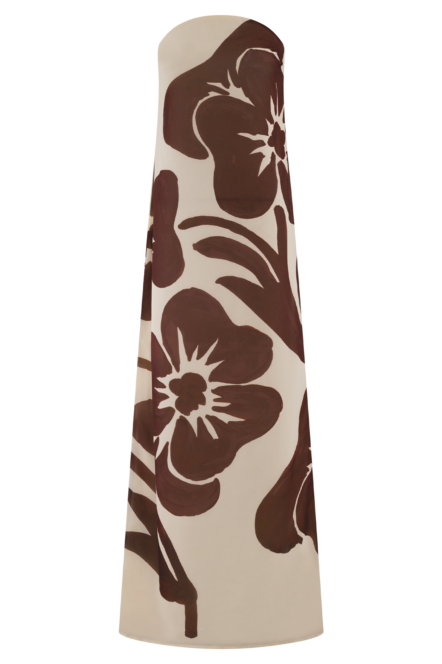 Brown Deco Fleur Print Amaya Strapless Chiffon Maxi Dress