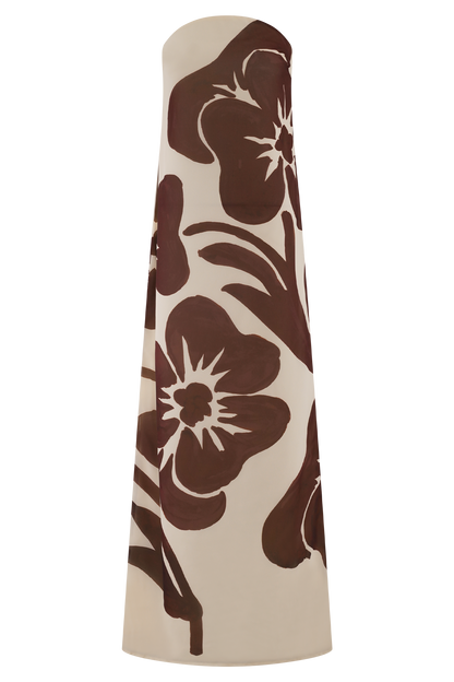 Brown Deco Fleur Print Amaya Strapless Chiffon Maxi Dress