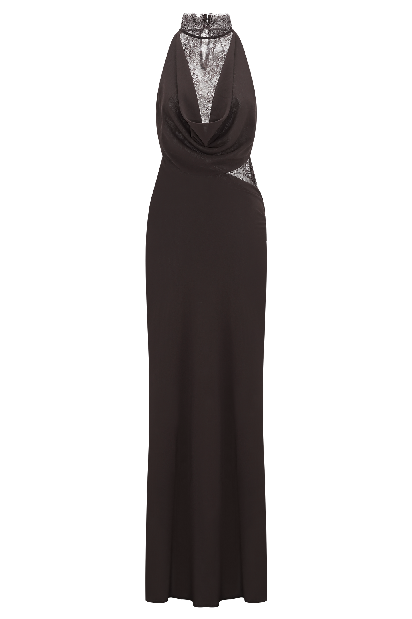 Cacao Brown Arra Chiffon & Lace Halter Maxi Dress in Plum