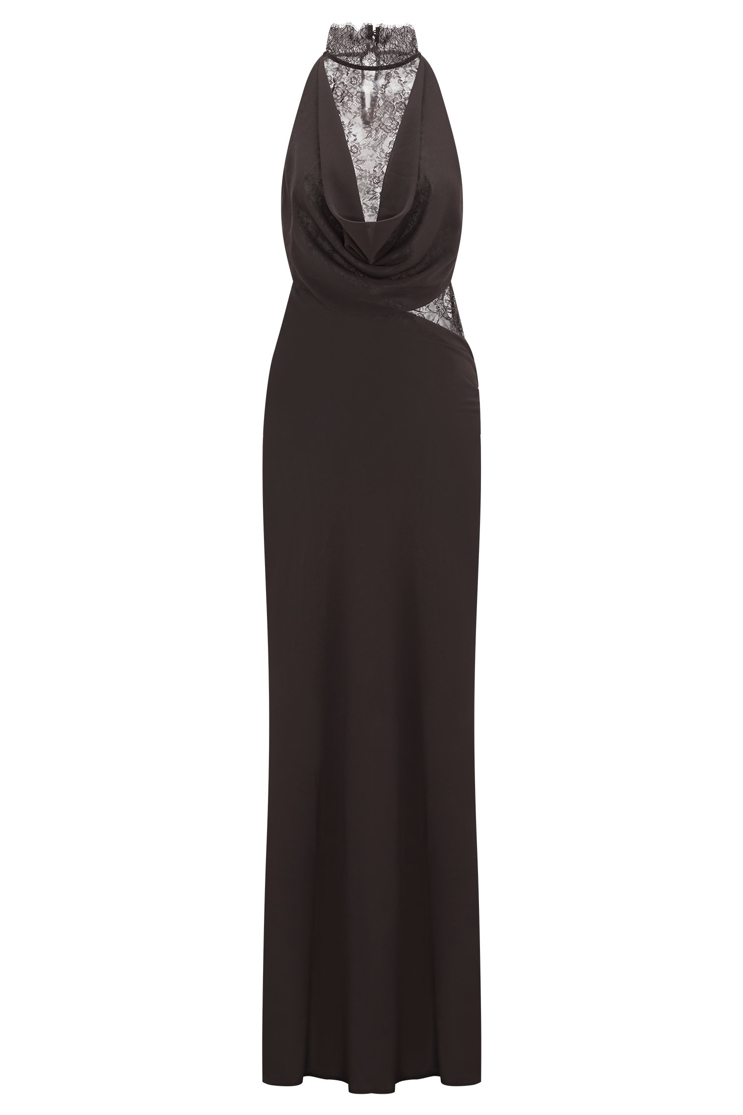 Cacao Brown Arra Chiffon & Lace Halter Maxi Dress in Plum