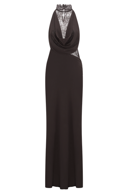 Cacao Brown Arra Chiffon & Lace Halter Maxi Dress in Plum