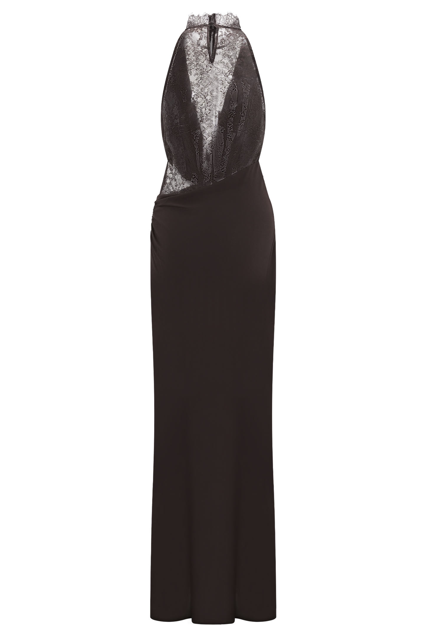 Cacao Brown Arra Chiffon & Lace Halter Maxi Dress in Plum