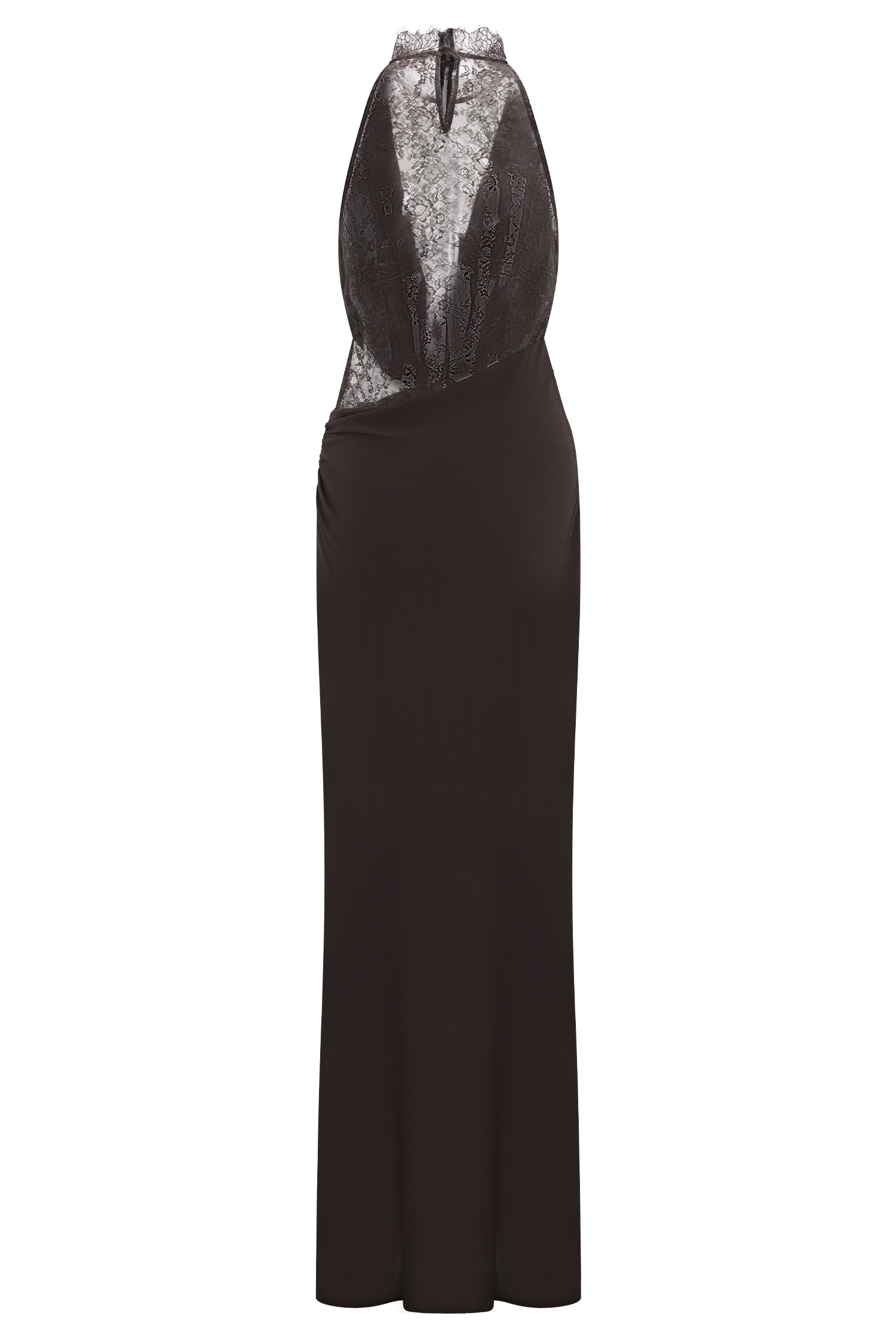 Cacao Brown Arra Chiffon & Lace Halter Maxi Dress in Plum
