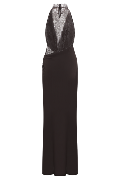 Cacao Brown Arra Chiffon & Lace Halter Maxi Dress in Plum