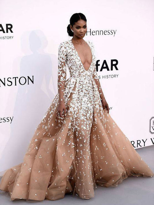 Picture Color Gorgeous Nude Tulle Applique Long Sleeve Formal Prom Dresses,PD00143 - US4 / Picture Color