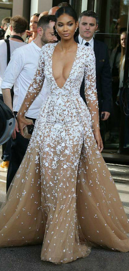 Picture Color Gorgeous Nude Tulle Applique Long Sleeve Formal Prom Dresses,PD00143 - US4 / Picture Color