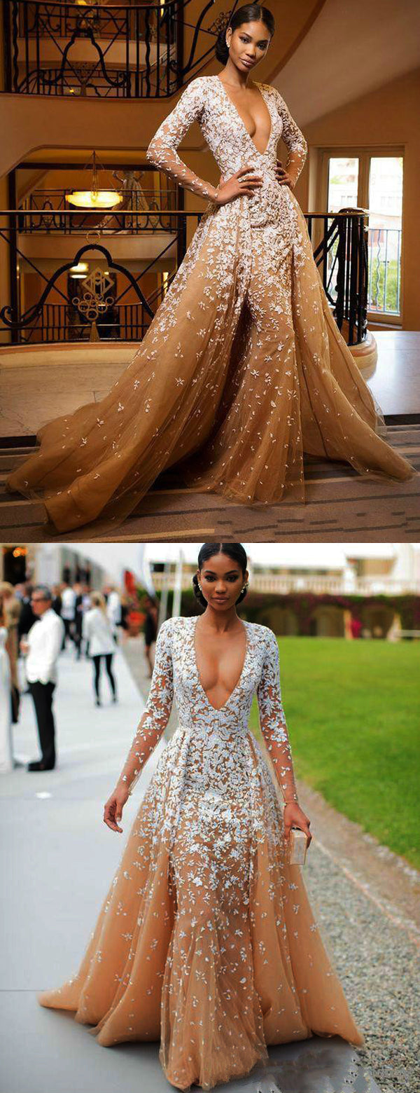 Custom Color(leaving a note) Gorgeous Nude Tulle Applique Long Sleeve Formal Prom Dresses,PD00143 - US4 / Picture Color