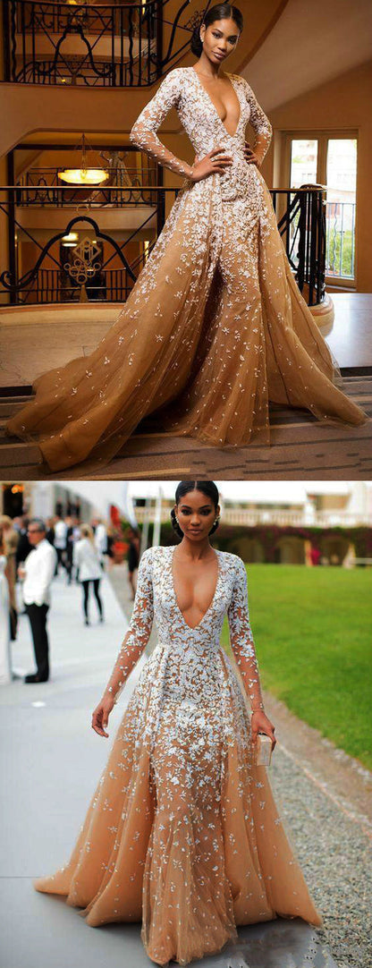 Custom Color(leaving a note) Gorgeous Nude Tulle Applique Long Sleeve Formal Prom Dresses,PD00143 - US4 / Picture Color