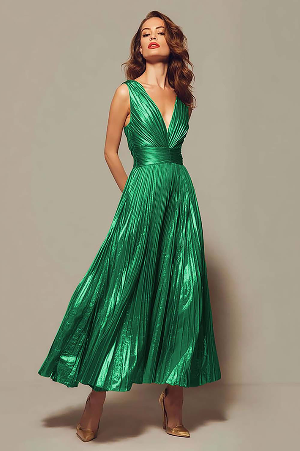 Tahiti Aurelia Metallic Pleated Formal Gown