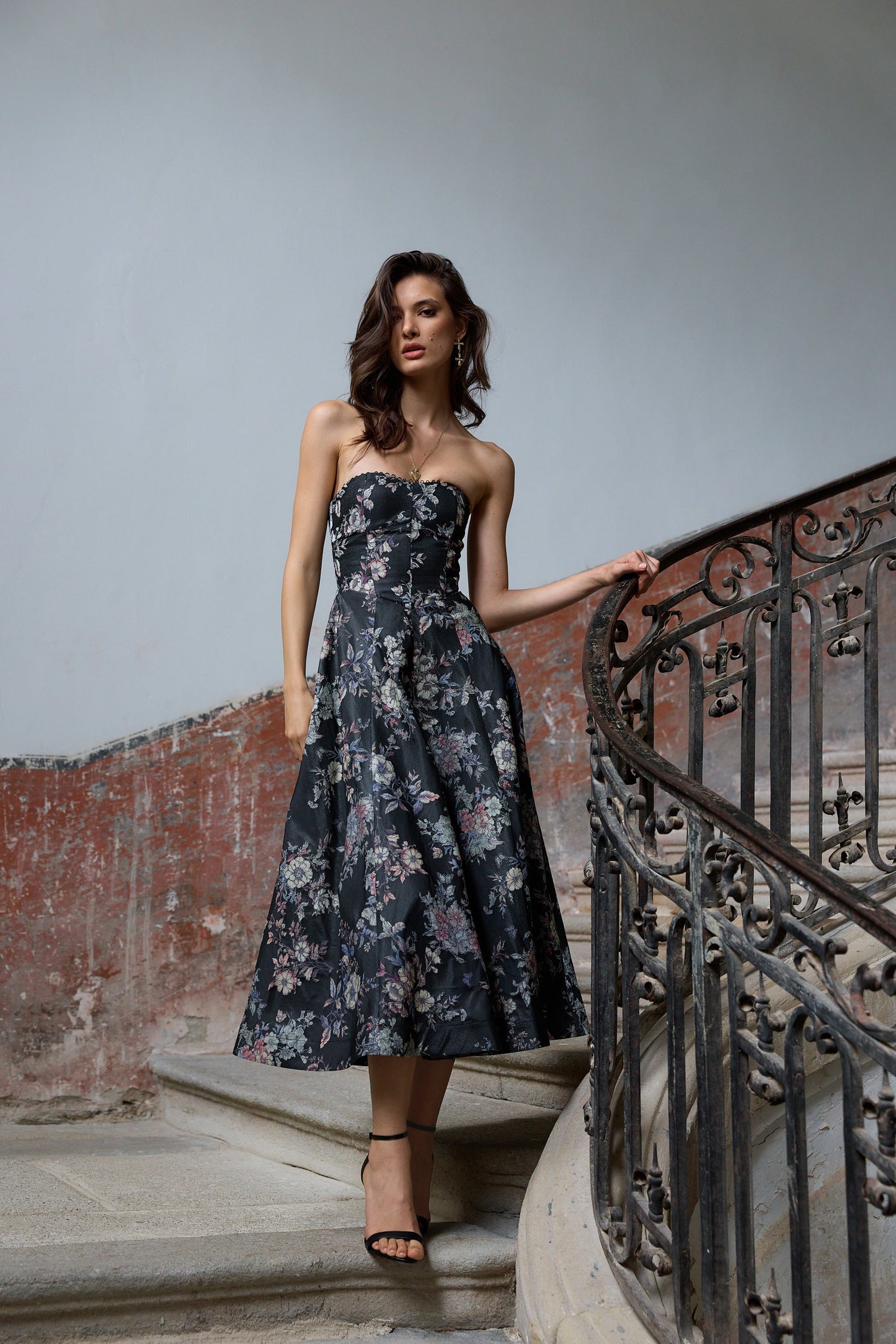 Black Lilibet Brocade Hazel Brocade Midi Dress in Light Blue