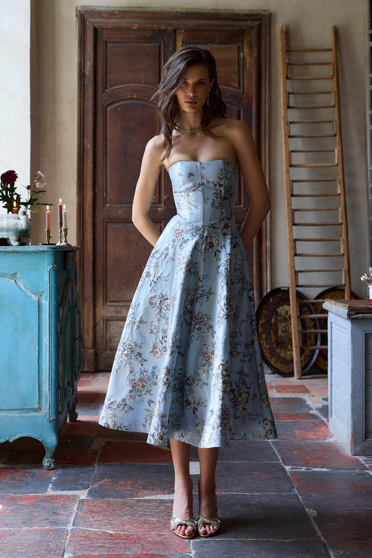 Light Blue Lilibet Brocade Hazel Brocade Midi Dress in Light Blue