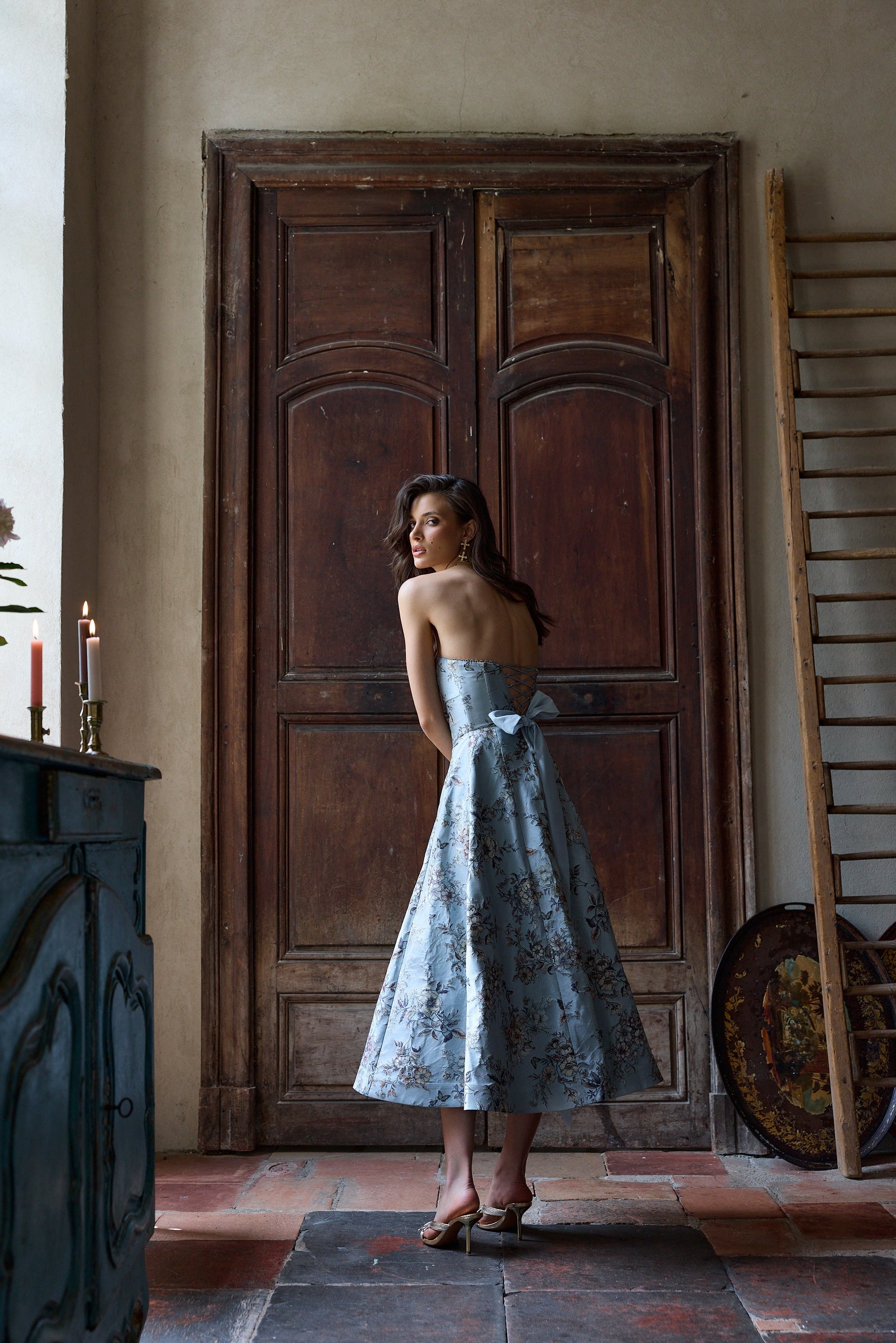 Light Blue Lilibet Brocade Hazel Brocade Midi Dress in Light Blue