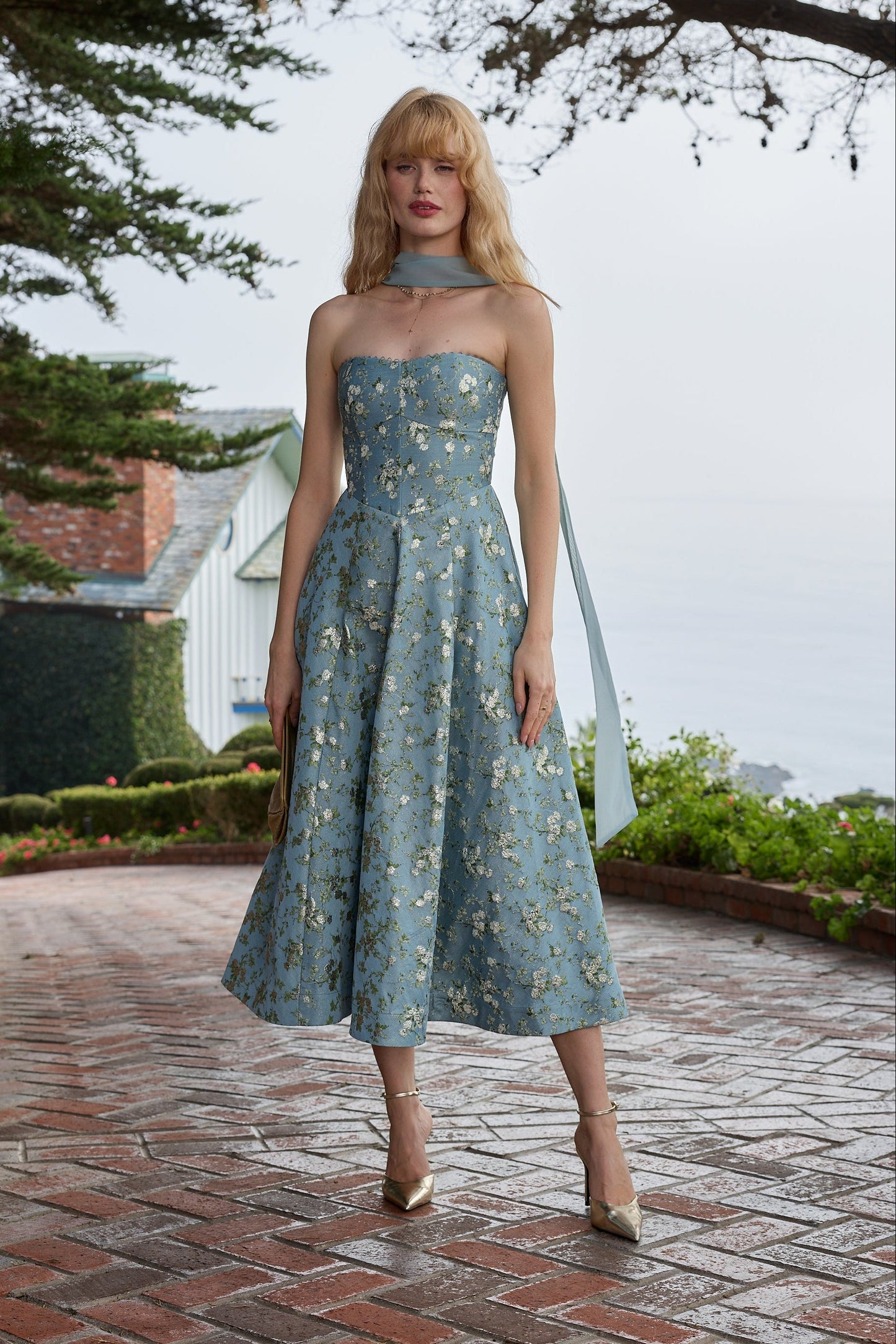 Slate Blue Cheverny Brocade Hazel Brocade Midi Dress in Light Blue