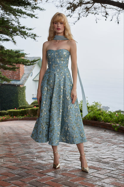 Slate Blue Cheverny Brocade Hazel Brocade Midi Dress in Light Blue