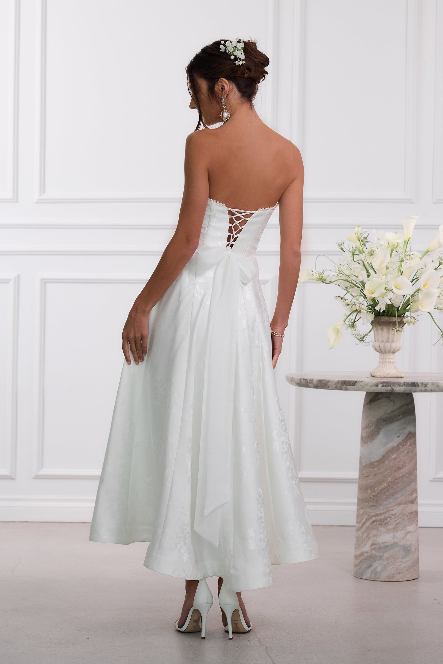White Baroque Floral Hazel Brocade Midi Dress in Light Blue