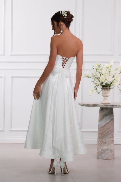 White Baroque Floral Hazel Brocade Midi Dress in Light Blue