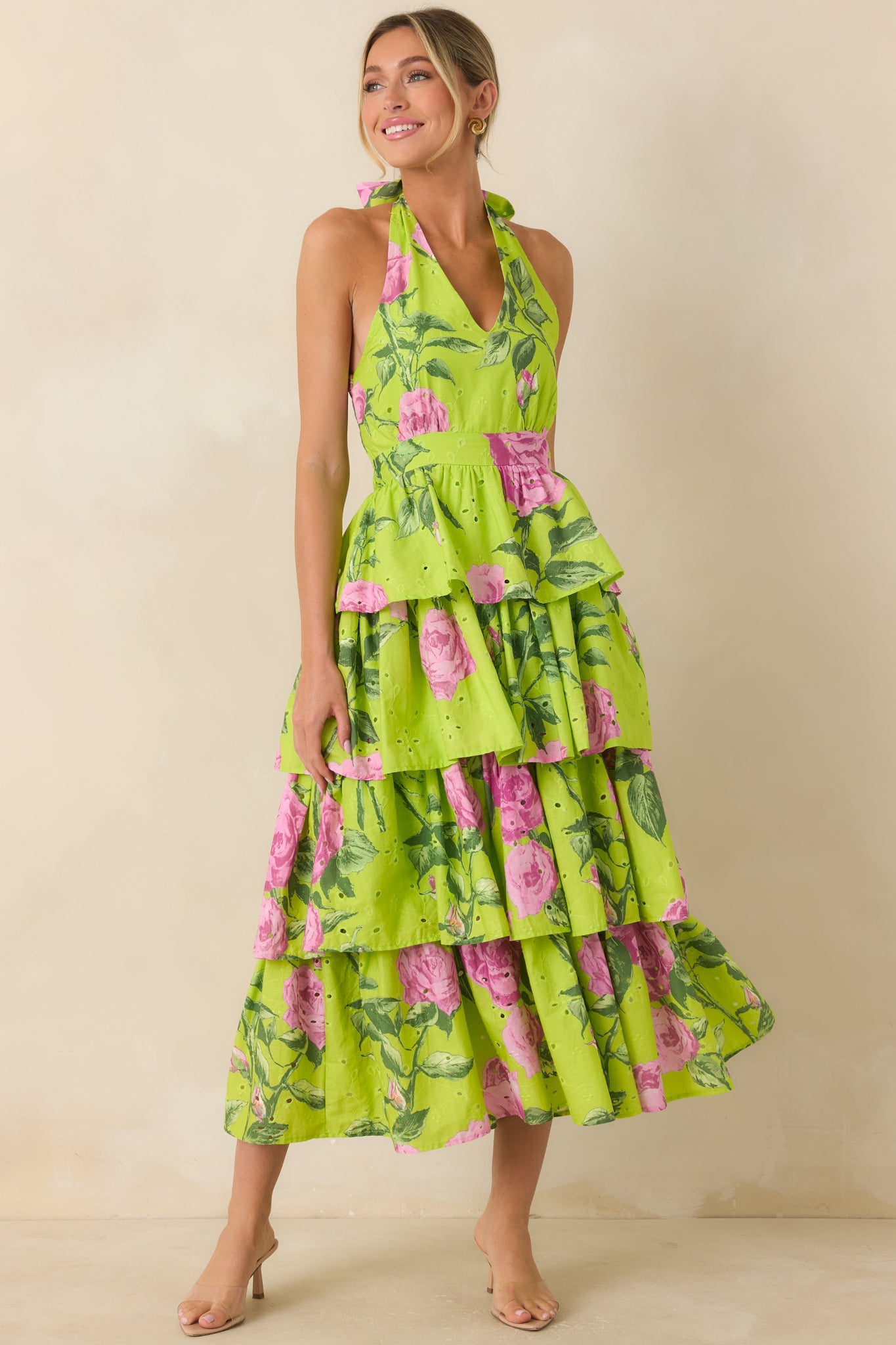 Chartreuse Adelaide Floral Cotton Halter Midi Dress