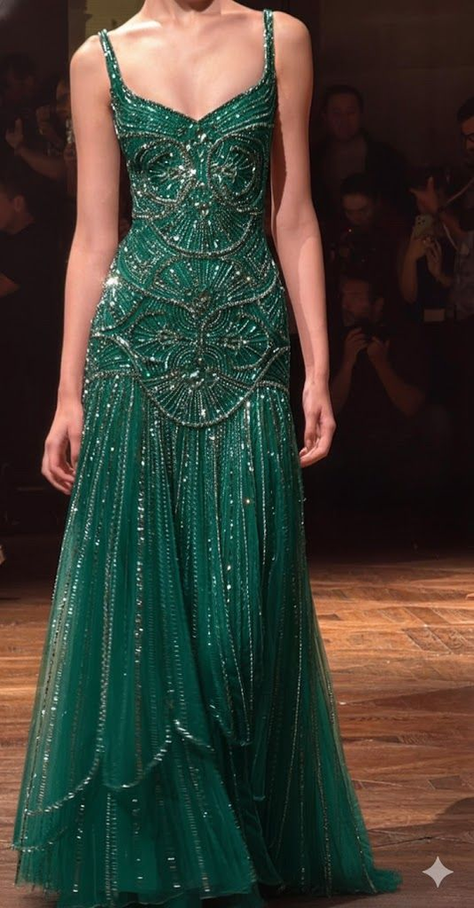 As Photo(Green) Evangeline Beaded Tulle Mermaid Gown